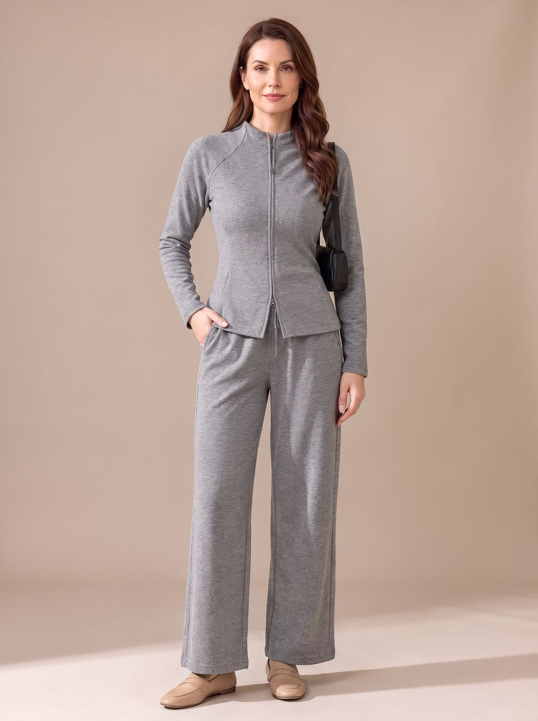 Women's Two-Piece Zip-Front Wide-Leg Knit Matching Set - Gray