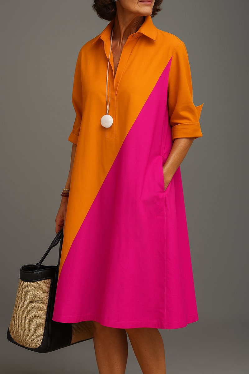 Women's Two-Tone Colorblock A-Line Midi Cocktail Dress - Orange Pink
