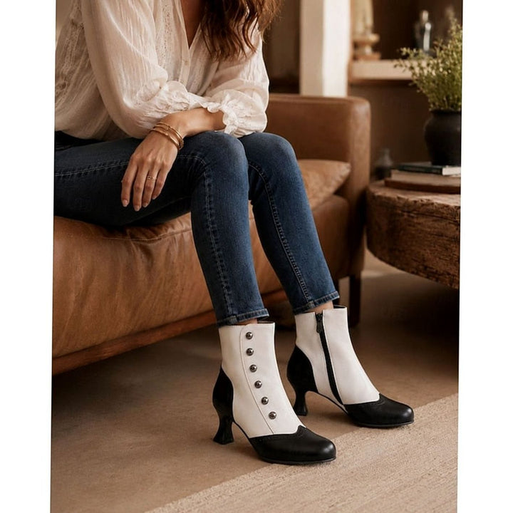 Women's Two-Tone Vintage Buttoned Spool-Heel Ankle Boots