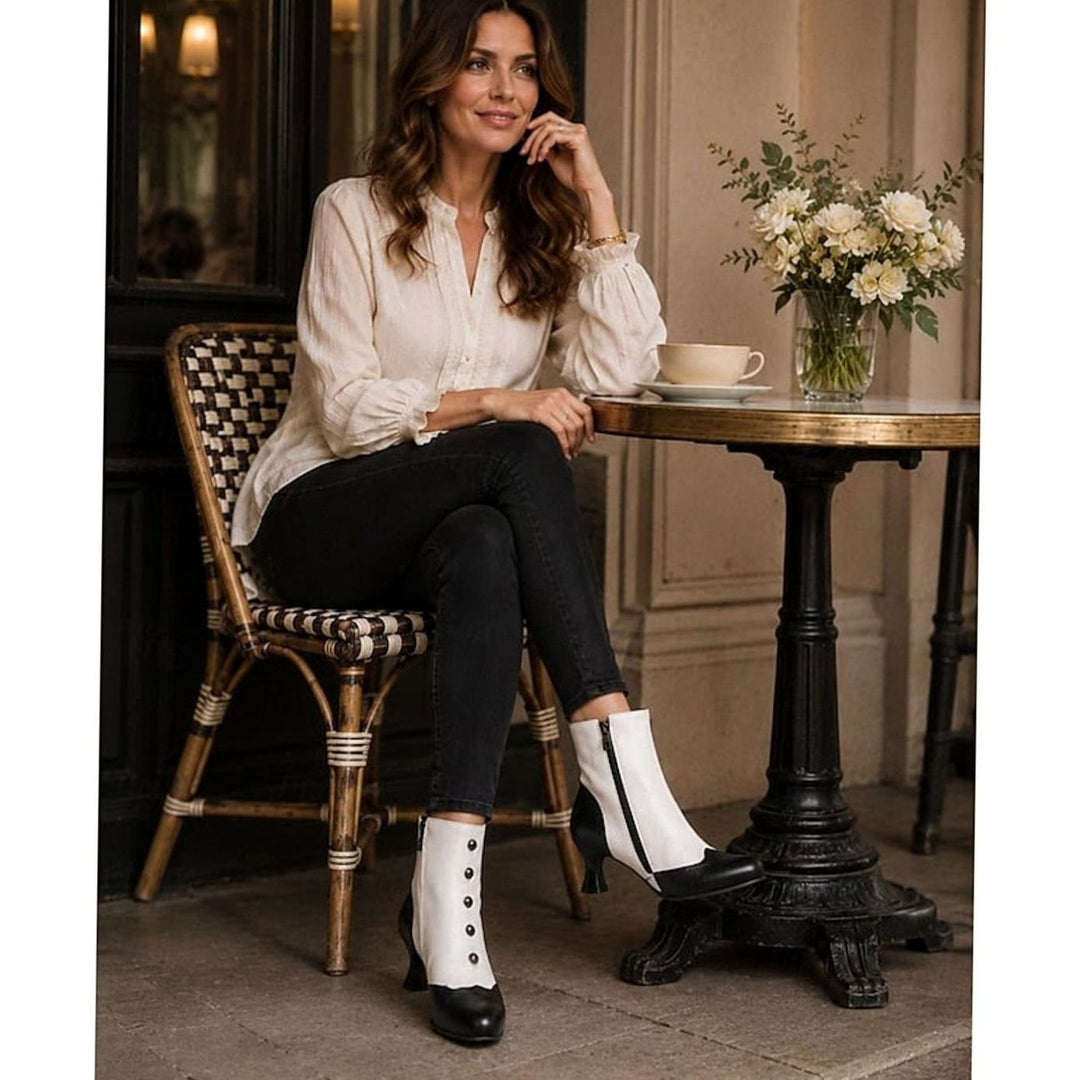 Women's Two-Tone Vintage Buttoned Spool-Heel Ankle Boots