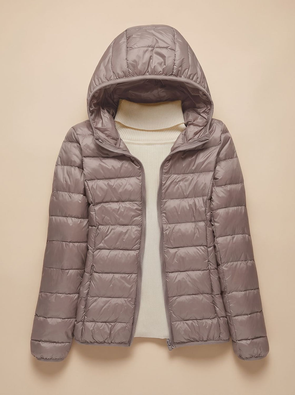 Women's Ultra-Light Hooded Quilted Winter Coat - Khaki Hood