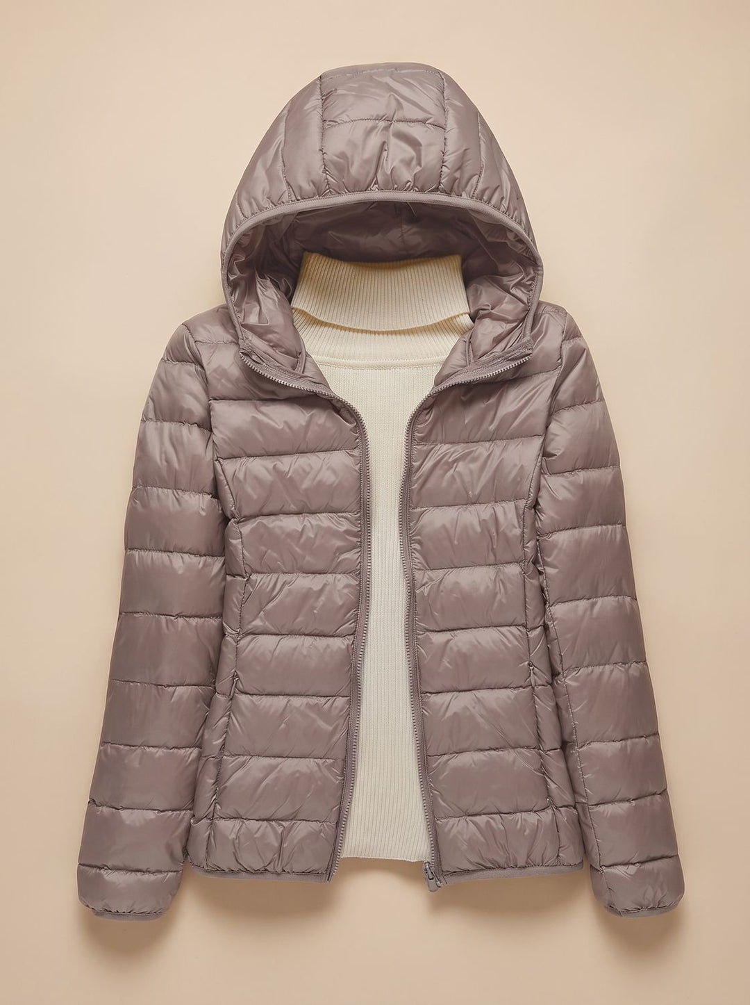 Women's Ultra-Light Hooded Quilted Winter Coat - Khaki Hood
