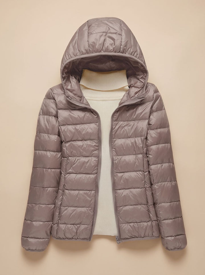 Women's Ultra-Light Hooded Quilted Winter Coat - Khaki Hood