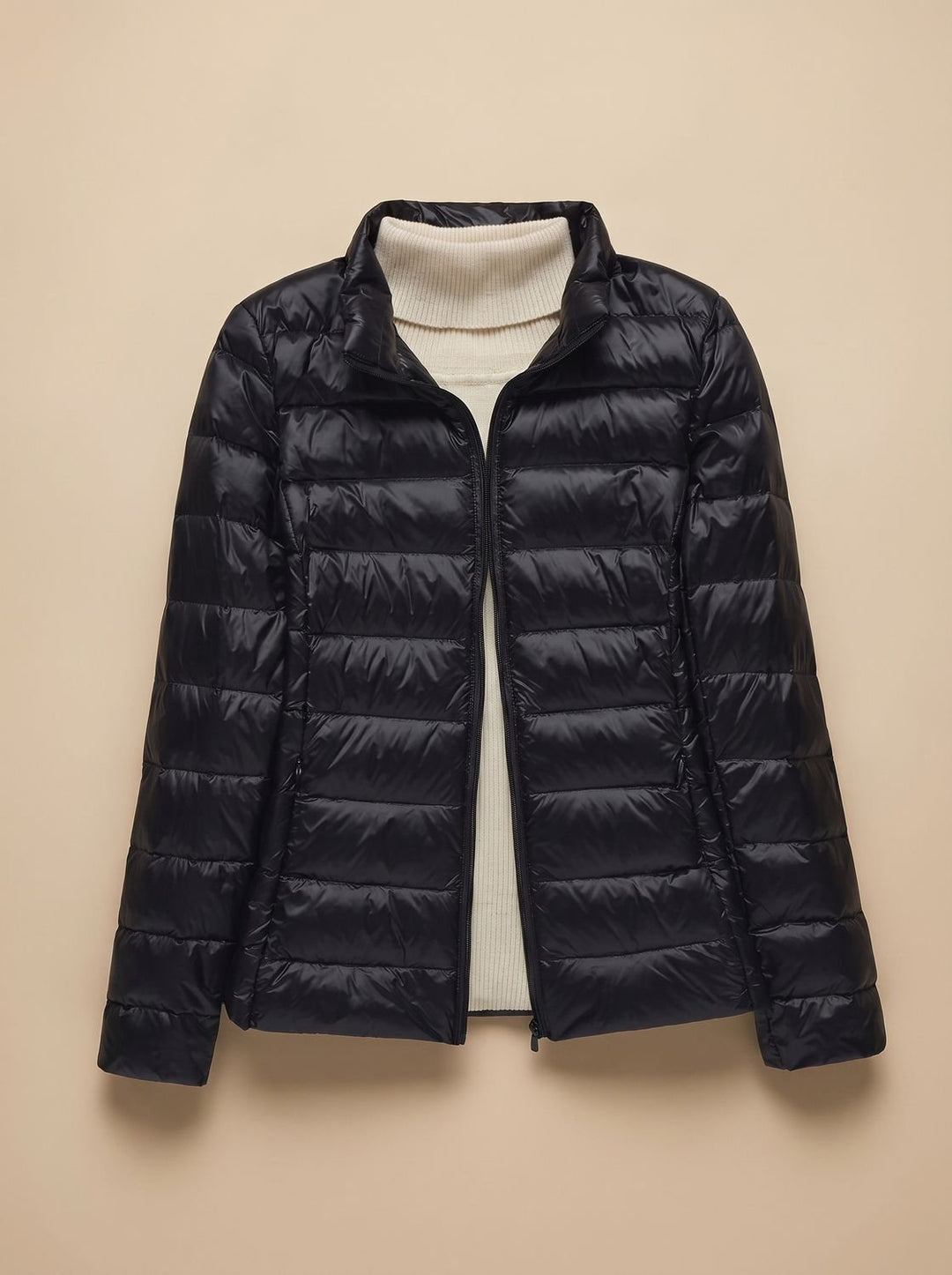 Women's Ultra-Light Hooded Quilted Winter Coat - Black Stand-Up Collar