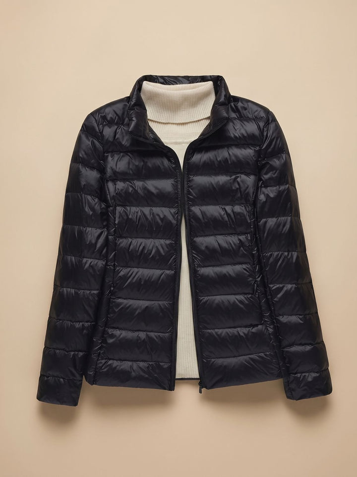Women's Ultra-Light Hooded Quilted Winter Coat - Black Stand-Up Collar