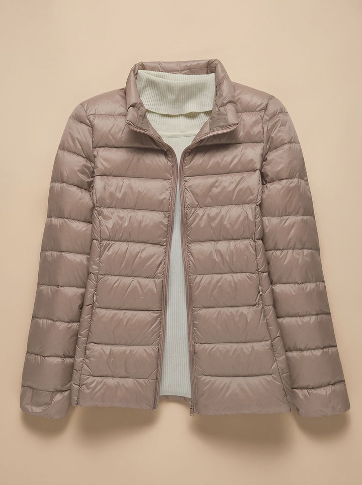 Women's Ultra-Light Hooded Quilted Winter Coat - Khaki Stand-Up Collar