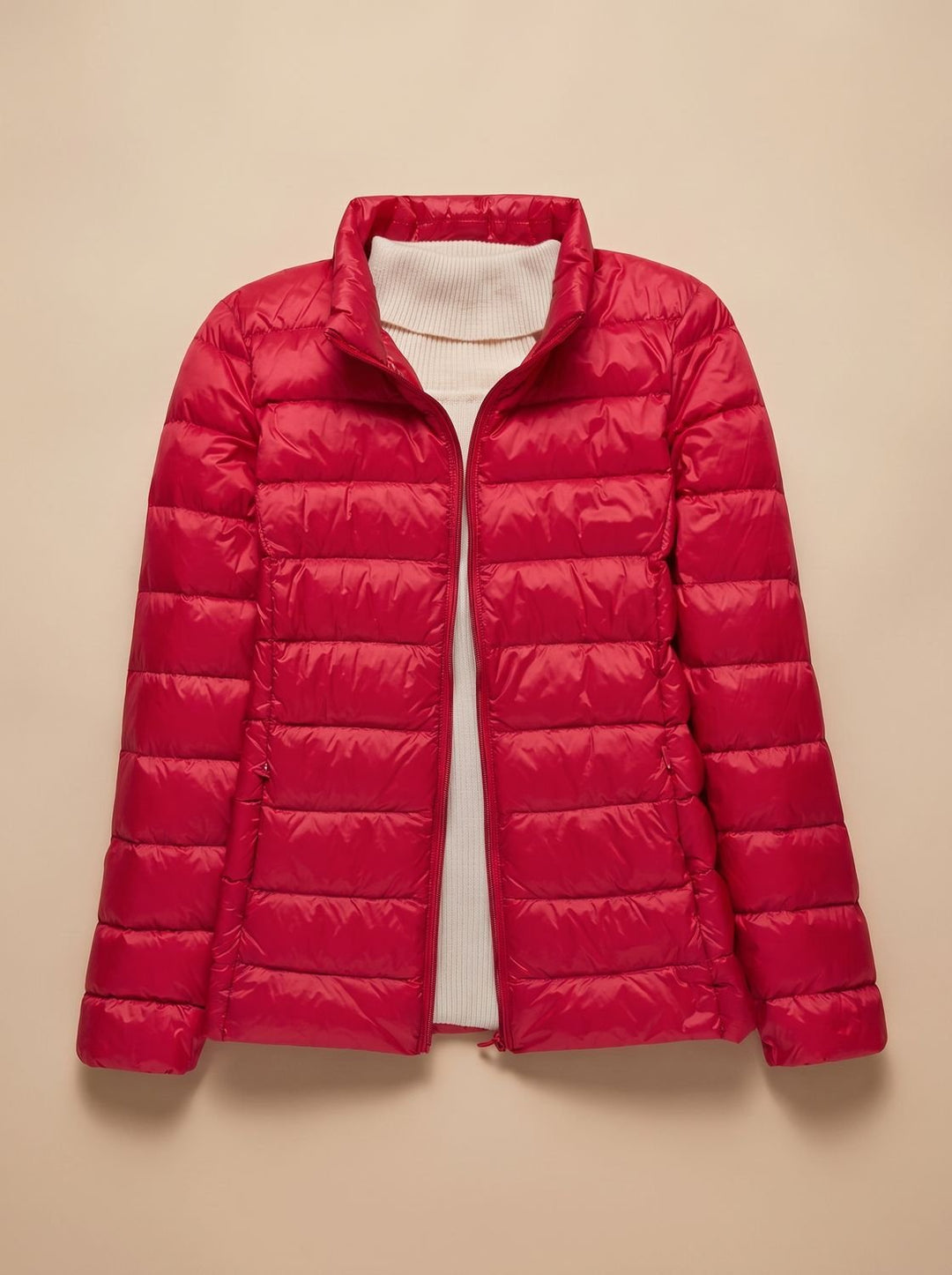 Women's Ultra-Light Hooded Quilted Winter Coat - Red Stand-Up Collar