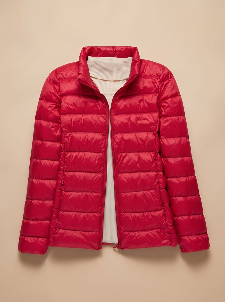 Women's Ultra-Light Hooded Quilted Winter Coat - Red Stand-Up Collar