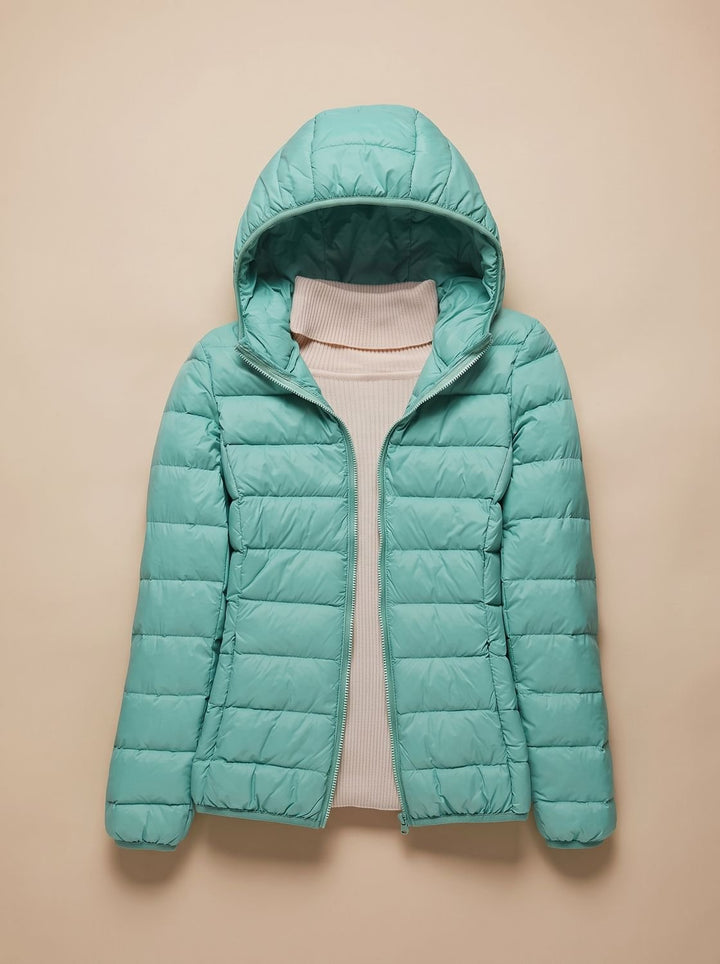 Women's Ultra-Light Hooded Quilted Winter Coat - Turquoise Hood