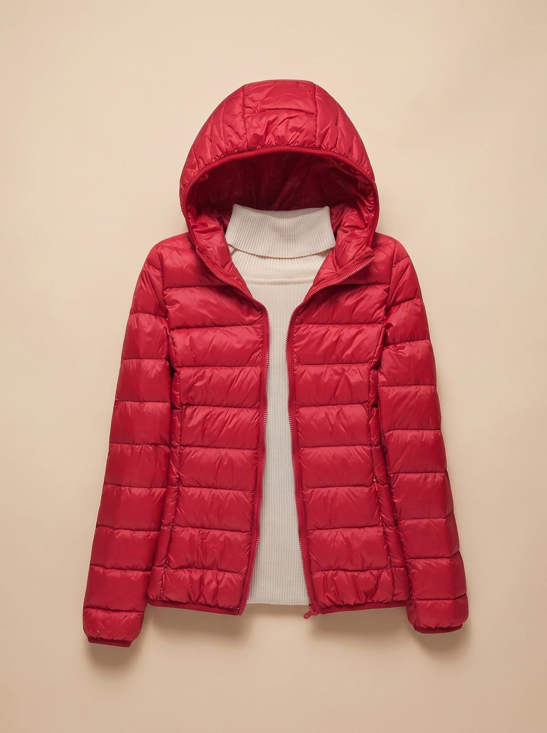 Women's Ultra-Light Hooded Quilted Winter Coat - Red Hood