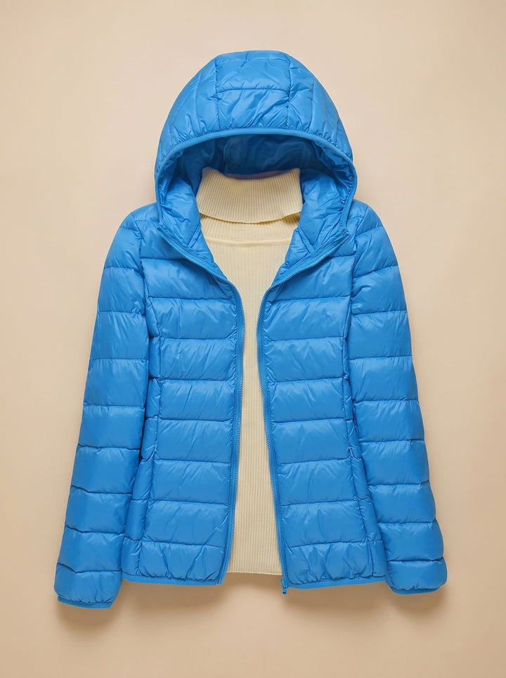 Women's Ultra-Light Hooded Quilted Winter Coat - Blue Hood