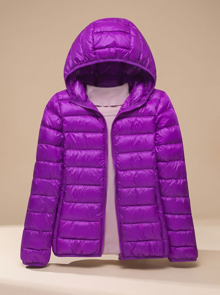 Women's Ultra-Light Hooded Quilted Winter Coat - Purple Hood