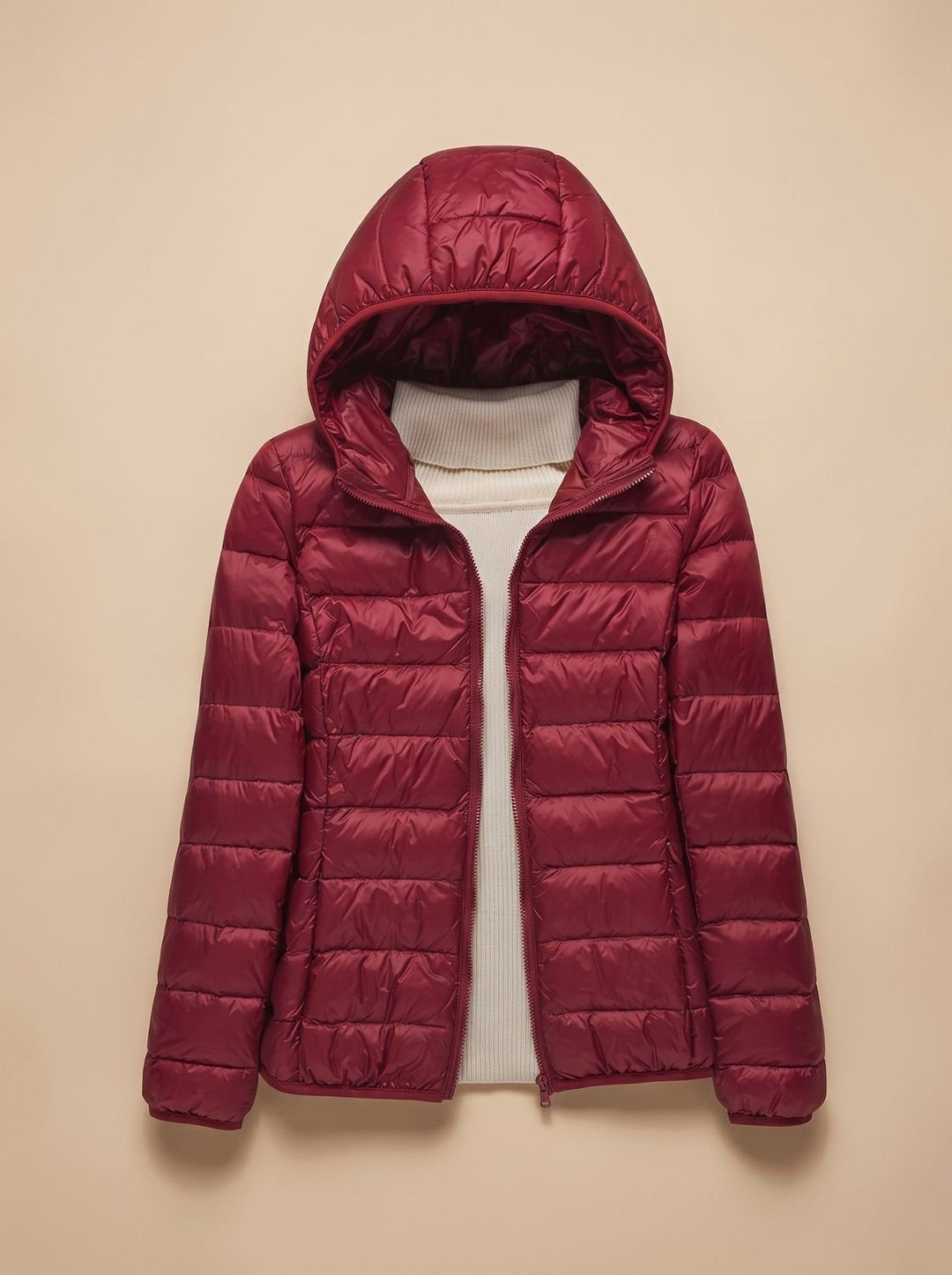 Women's Ultra-Light Hooded Quilted Winter Coat - Burgundy Hood