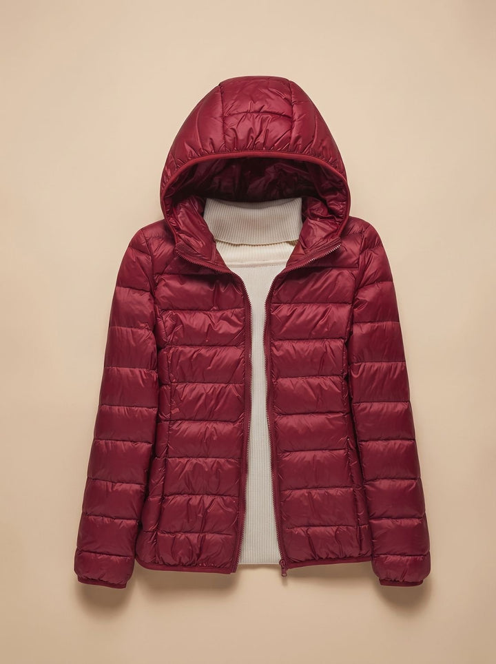Women's Ultra-Light Hooded Quilted Winter Coat - Burgundy Hood