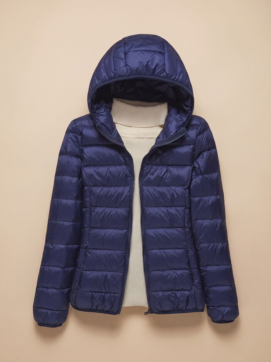 Women's Ultra-Light Hooded Quilted Winter Coat - Dark Blue Hood