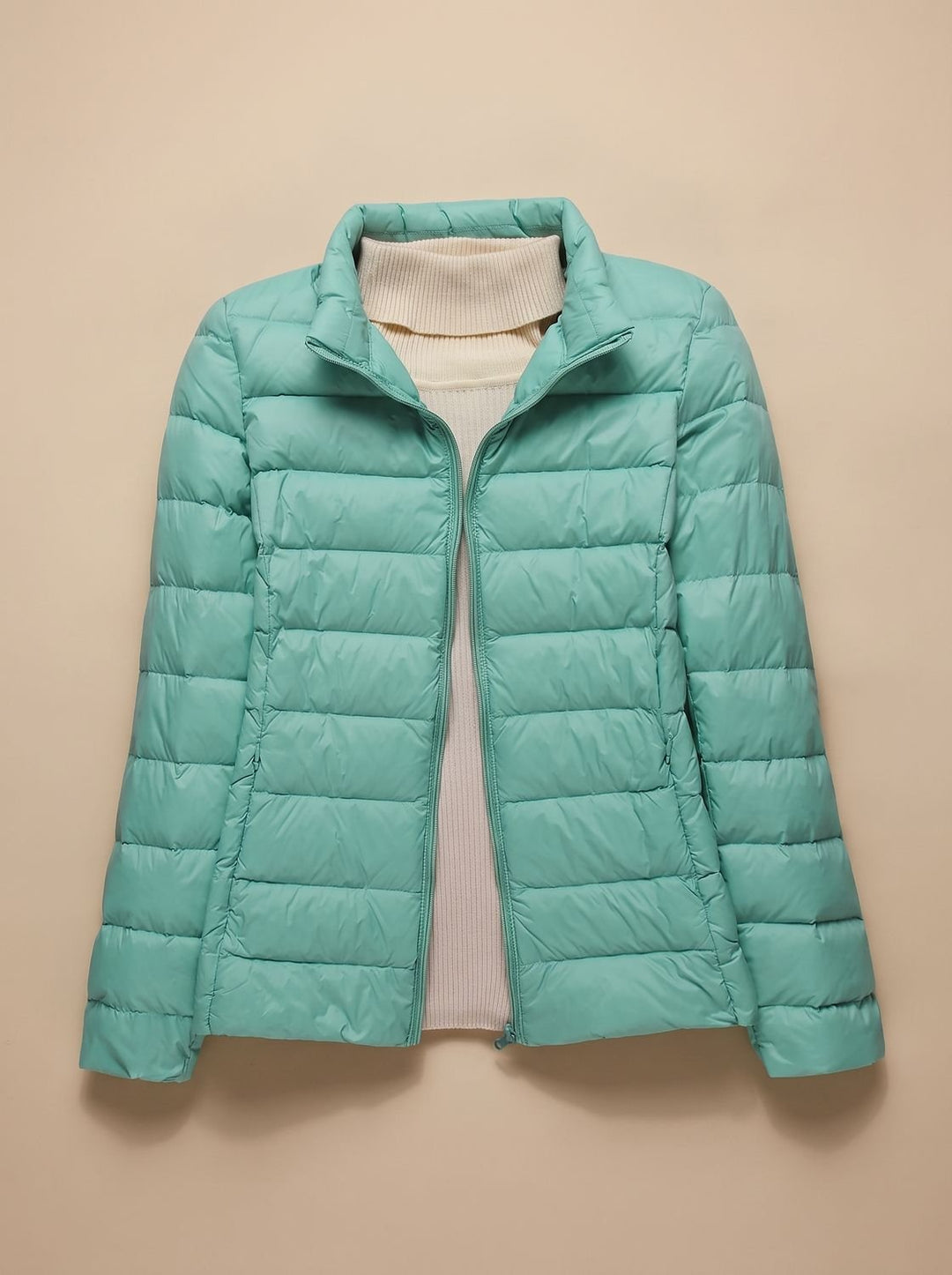 Women's Ultra-Light Hooded Quilted Winter Coat - Turquoise Stand-Up Collar