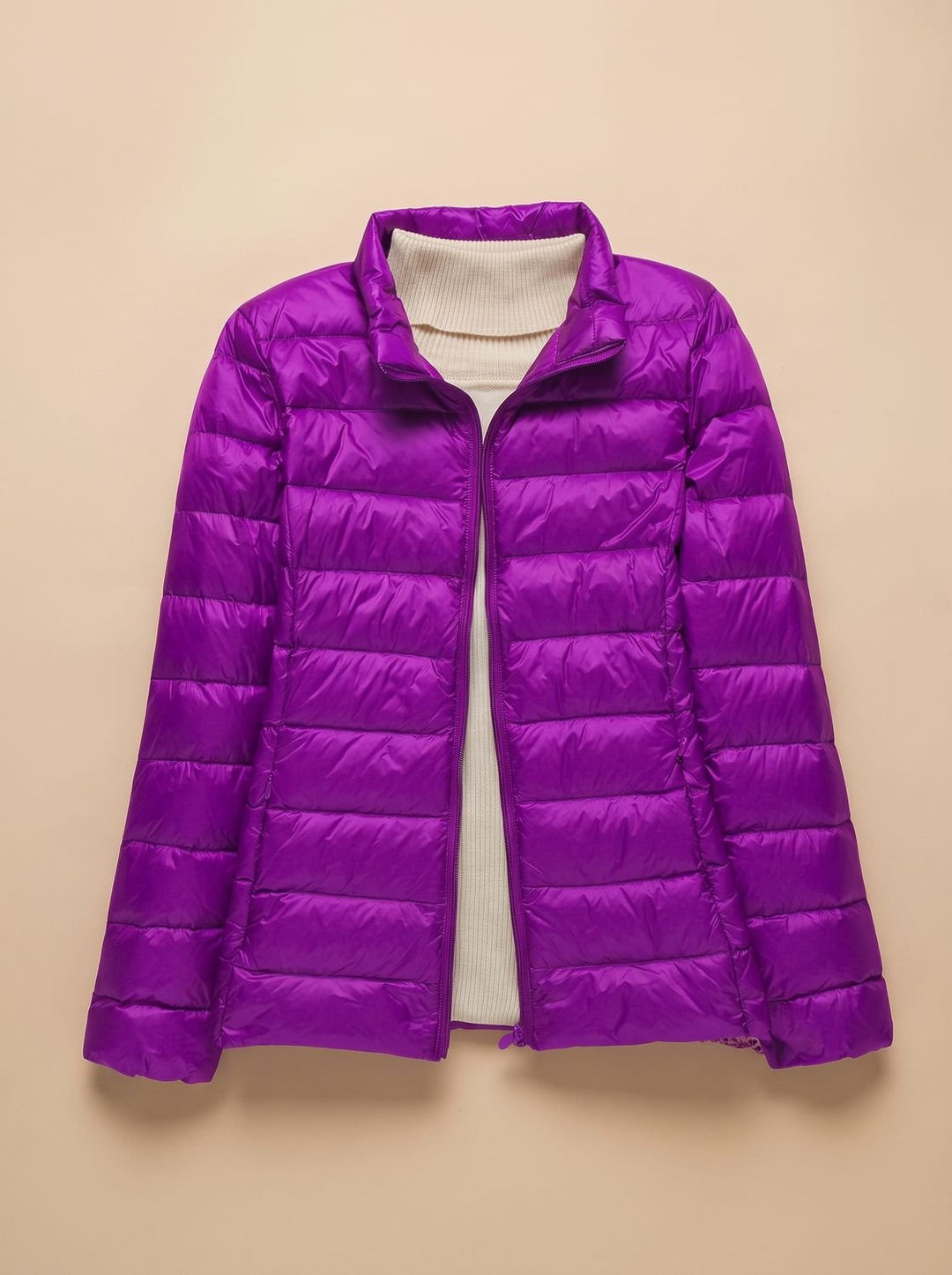 Women's Ultra-Light Hooded Quilted Winter Coat - Purple Stand-Up Collar