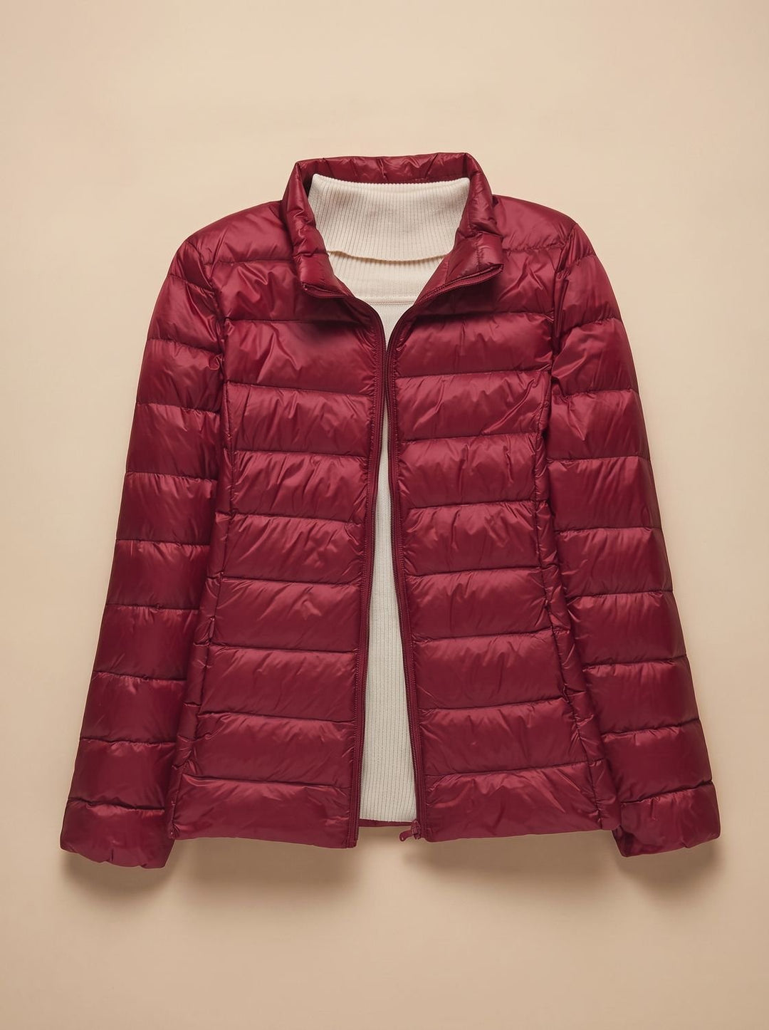 Women's Ultra-Light Hooded Quilted Winter Coat - Burgundy Stand-Up Collar