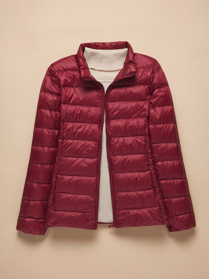 Women's Ultra-Light Hooded Quilted Winter Coat - Burgundy Stand-Up Collar