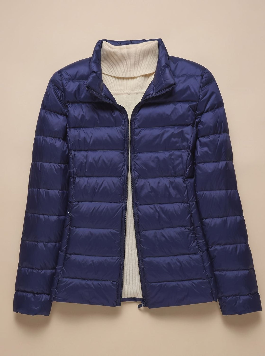 Women's Ultra-Light Hooded Quilted Winter Coat - Dark Blue Stand-Up Collar