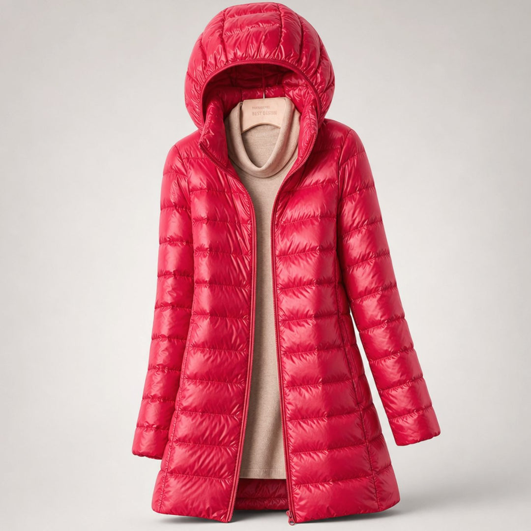 Women's Ultralight Hooded Long Puffer Jacket Packable - Fuchsia