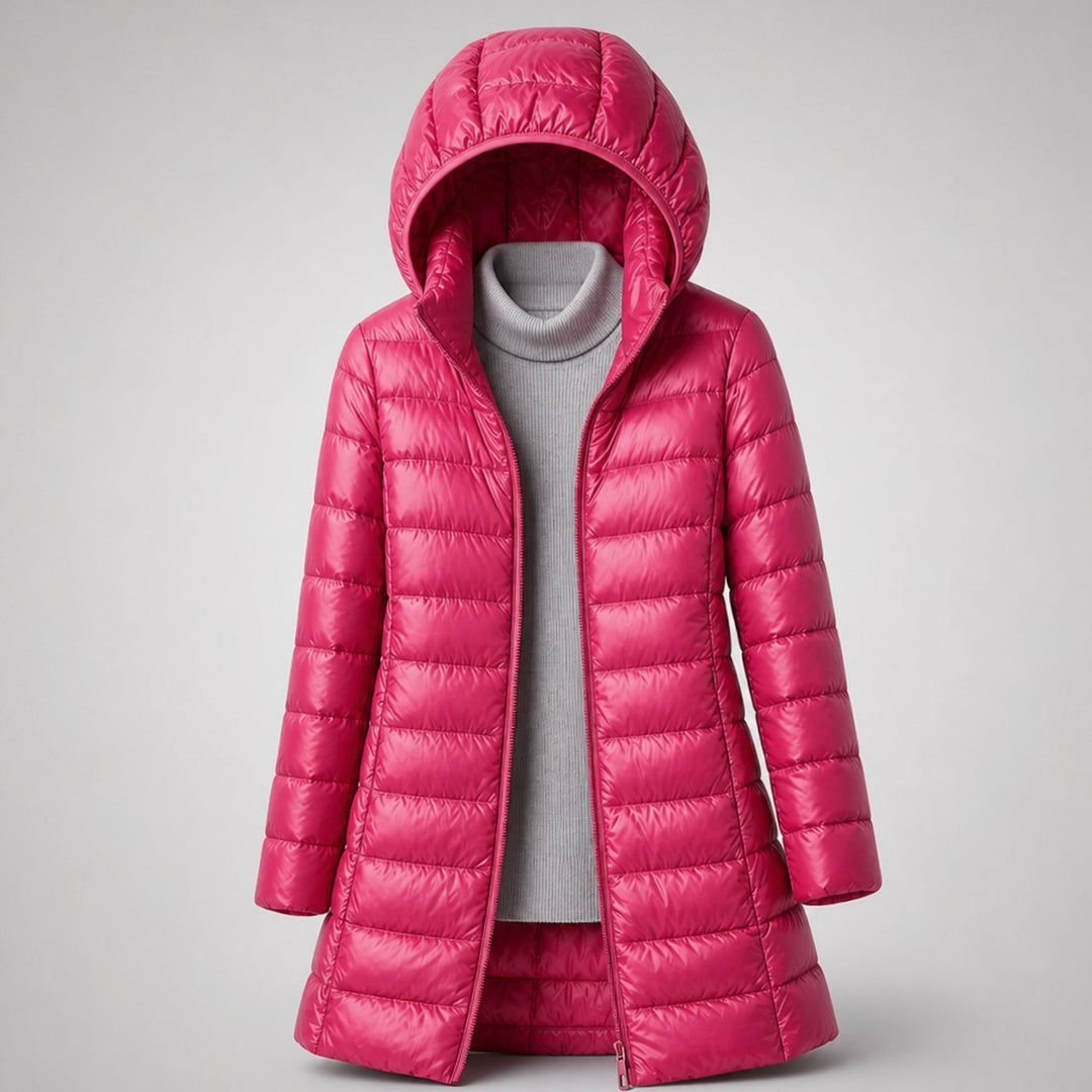 Women's Ultralight Hooded Long Puffer Jacket Packable - Burgundy Red