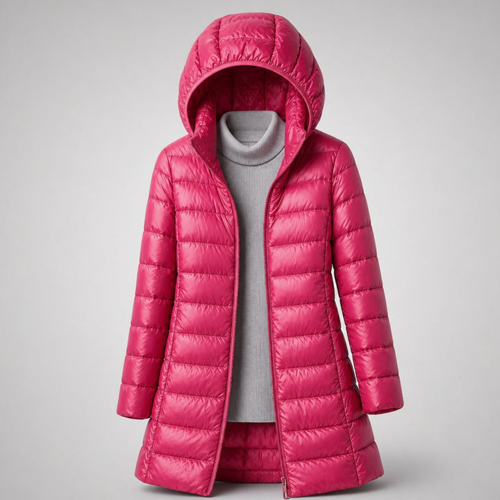 Women's Ultralight Hooded Long Puffer Jacket Packable - Burgundy Red