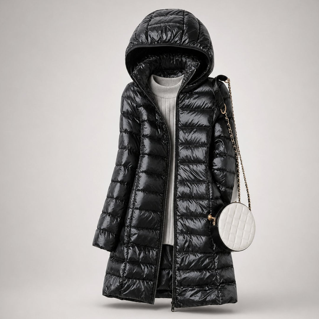 Women's Ultralight Hooded Long Puffer Jacket Packable - Black