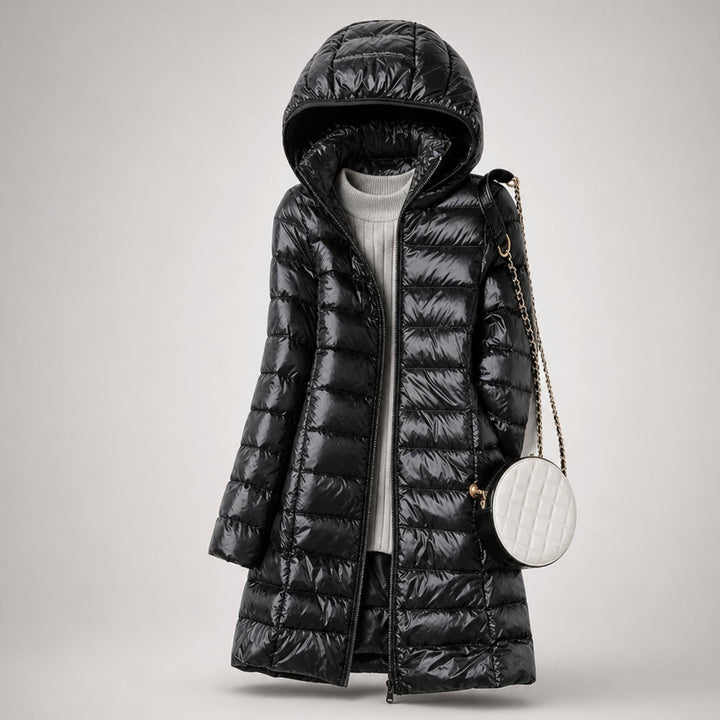 Women's Ultralight Hooded Long Puffer Jacket Packable - Black