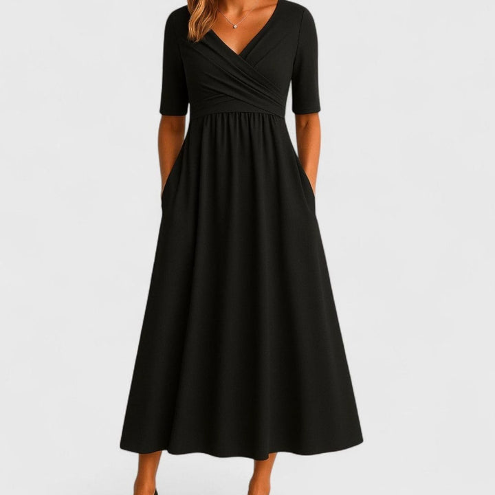 Women's V-Neck A-Line Midi Summer Dress Ruched Waist - Black