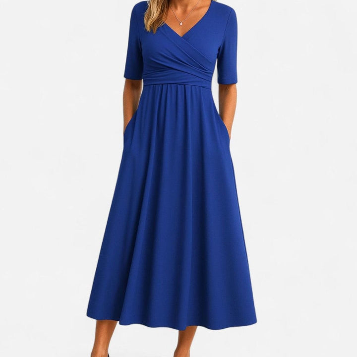 Women's V-Neck A-Line Midi Summer Dress Ruched Waist - Blue
