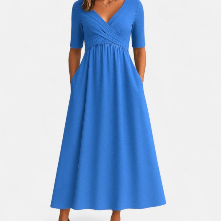 Women's V-Neck A-Line Midi Summer Dress Ruched Waist - Azure