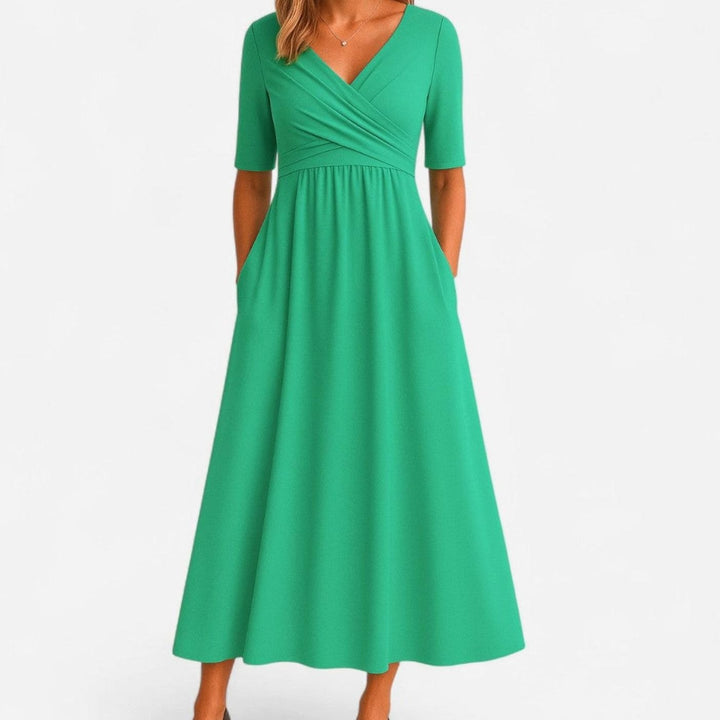 Women's V-Neck A-Line Midi Summer Dress Ruched Waist - Green