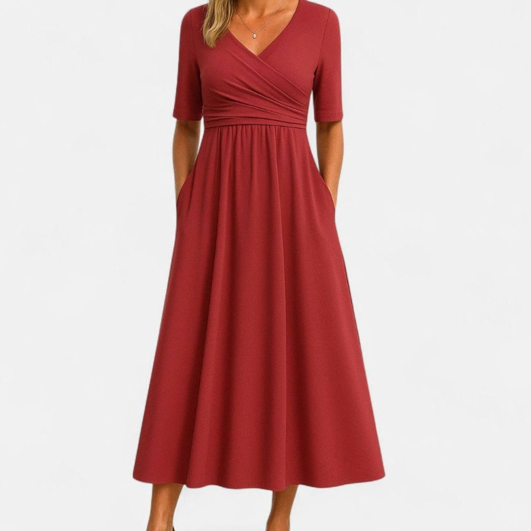 Women's V-Neck A-Line Midi Summer Dress Ruched Waist - Red