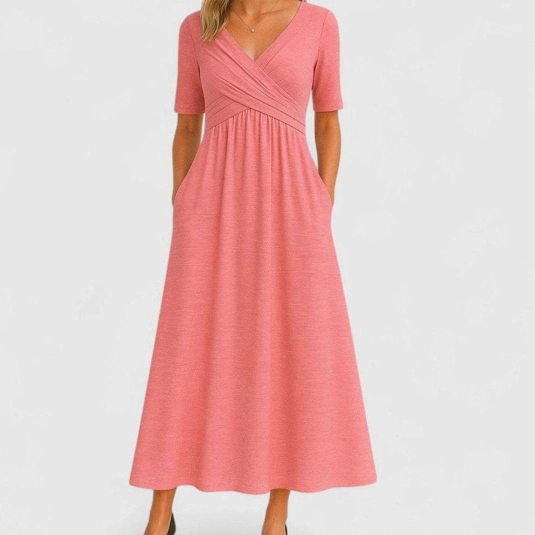 Women's V-Neck A-Line Midi Summer Dress Ruched Waist - Pink
