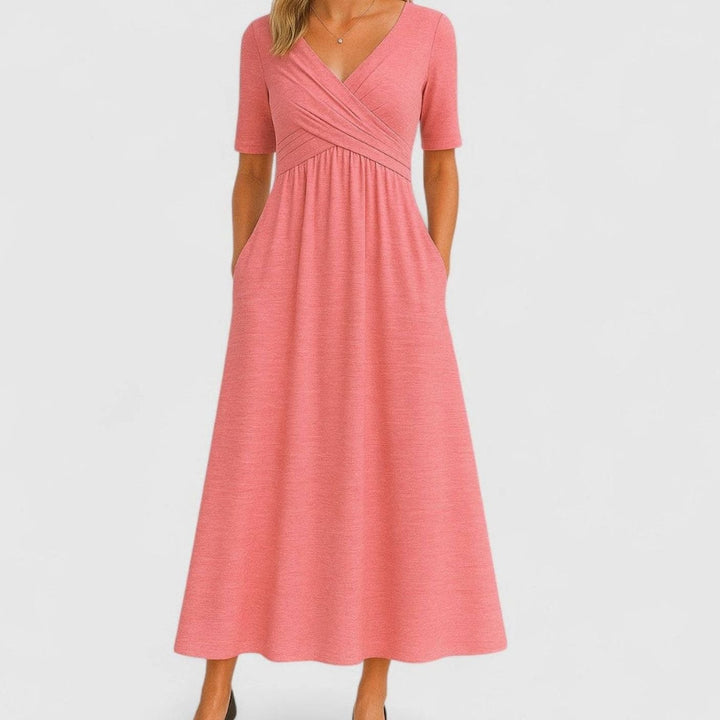 Women's V-Neck A-Line Midi Summer Dress Ruched Waist - Pink