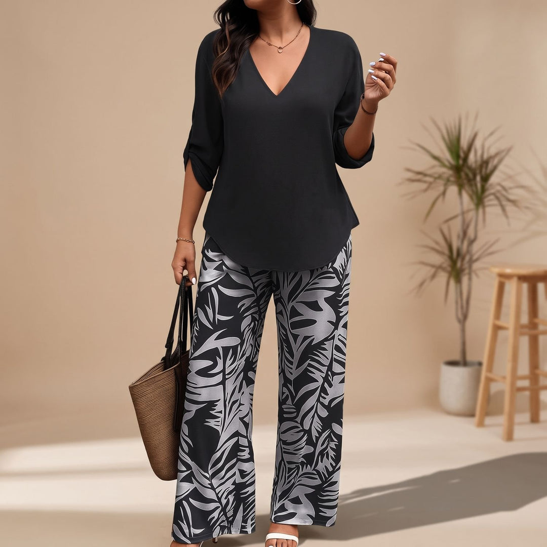 Women's V-Neck Blouse Leaf-Print Wide-Leg Two Piece Set - Black