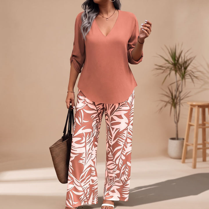 Women's V-Neck Blouse Leaf-Print Wide-Leg Two Piece Set - Orange
