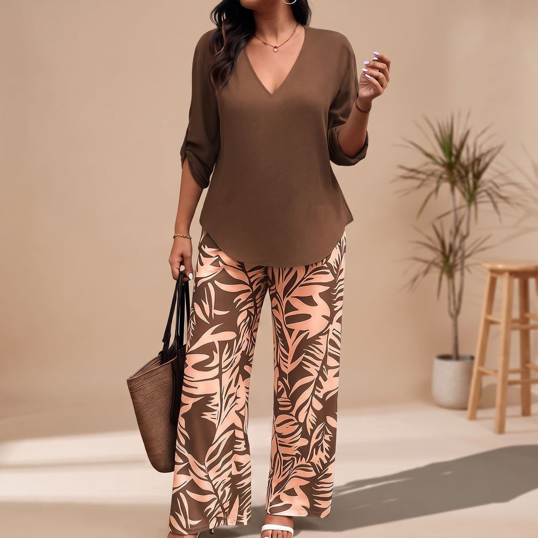 Women's V-Neck Blouse Leaf-Print Wide-Leg Two Piece Set - Brown
