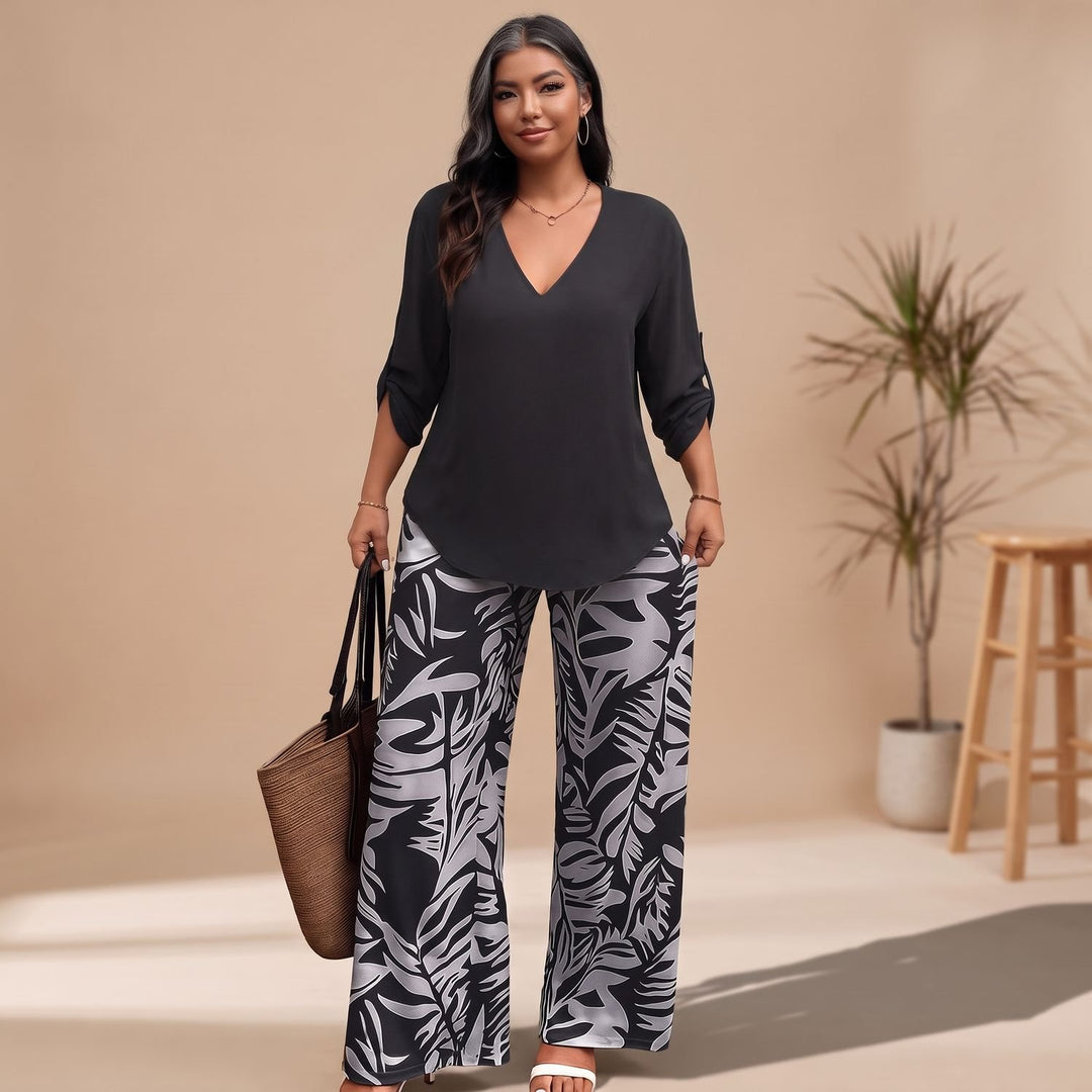 Women's V-Neck Blouse Leaf-Print Wide-Leg Two Piece Set - Gray