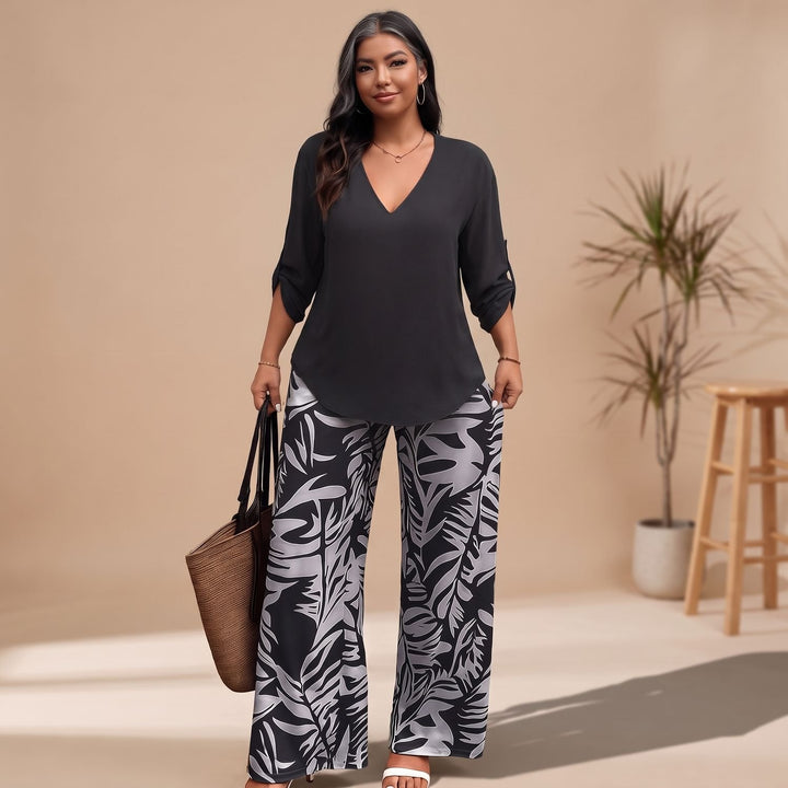 Women's V-Neck Blouse Leaf-Print Wide-Leg Two Piece Set - Gray