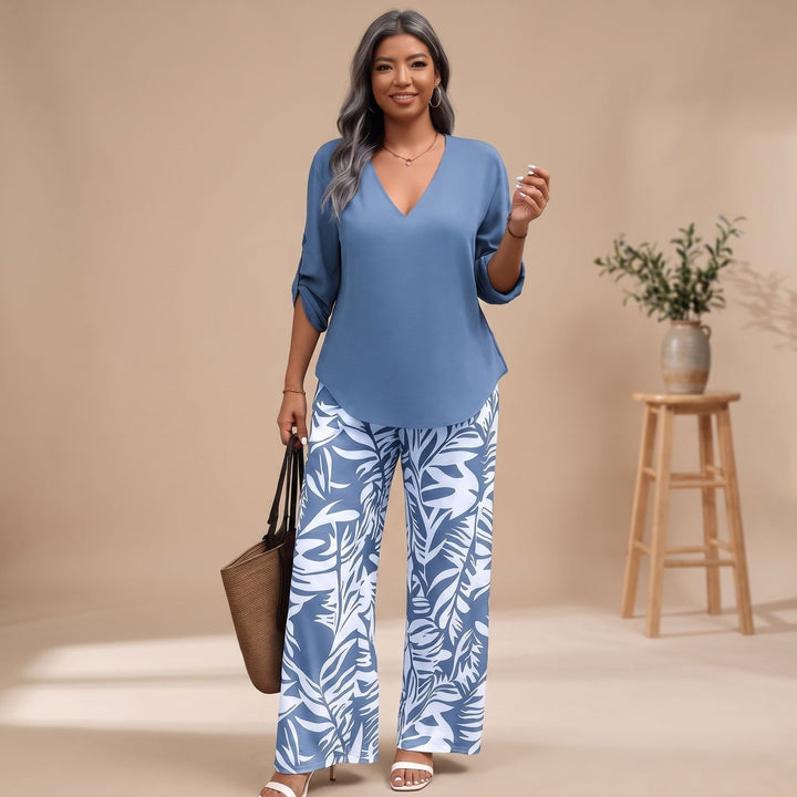 Women's V-Neck Blouse Leaf-Print Wide-Leg Two Piece Set - Blue