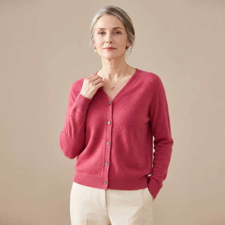 Women's V-Neck Button-Front Knit Cardigan Sweater - Dark Pink