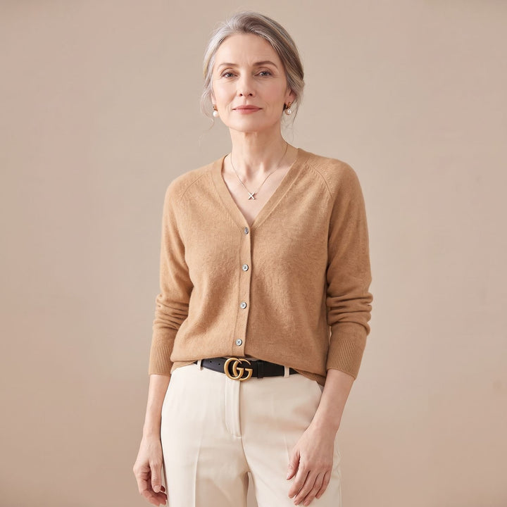 Women's V-Neck Button-Front Knit Cardigan Sweater - Light Brown