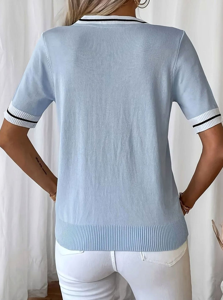 Women's V-Neck Contrast-Trim Tie-Front Short-Sleeve Sweater