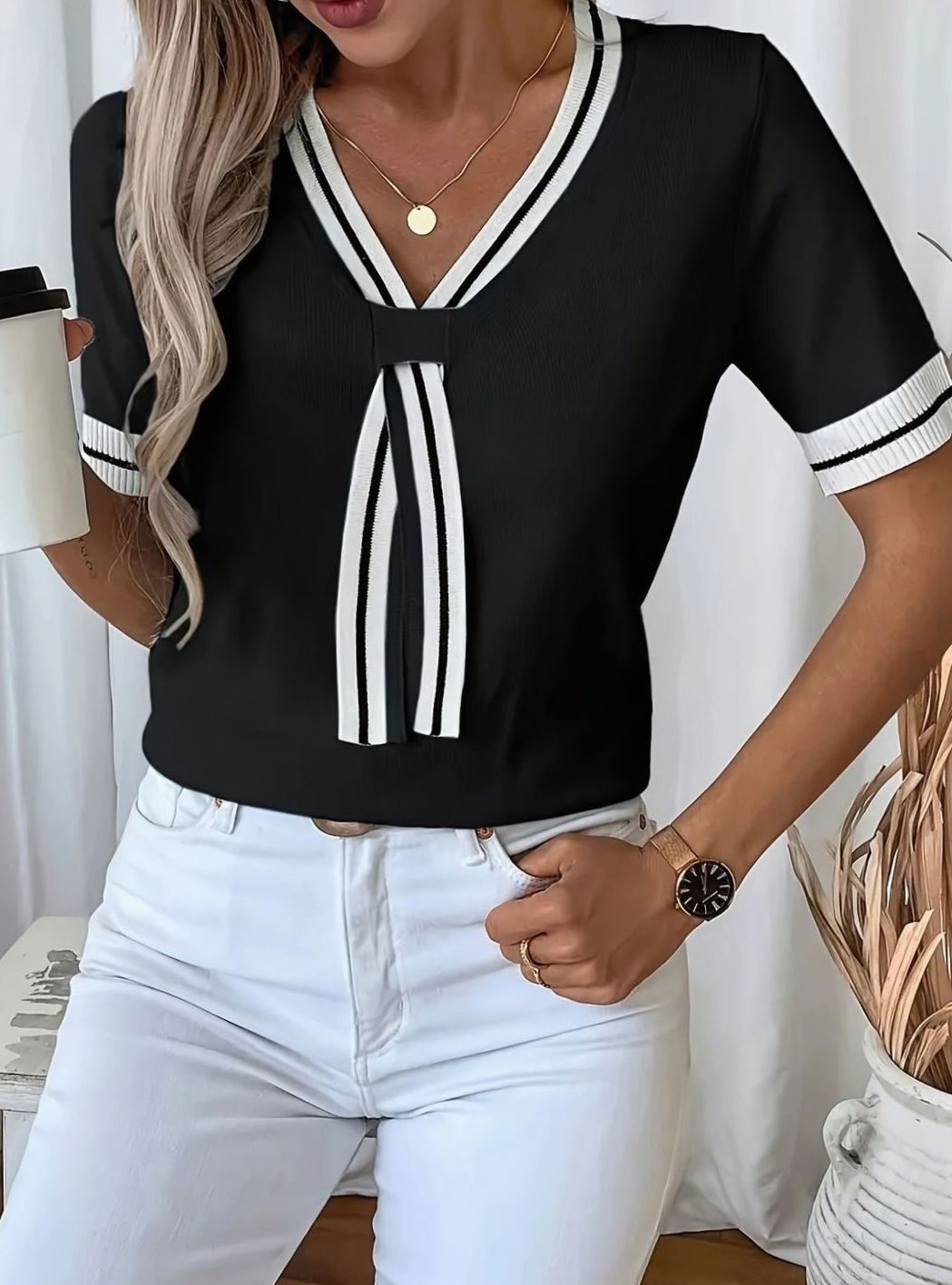 Women's V-Neck Contrast-Trim Tie-Front Short-Sleeve Sweater - Black