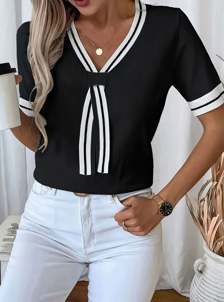 Women's V-Neck Contrast-Trim Tie-Front Short-Sleeve Sweater - Black