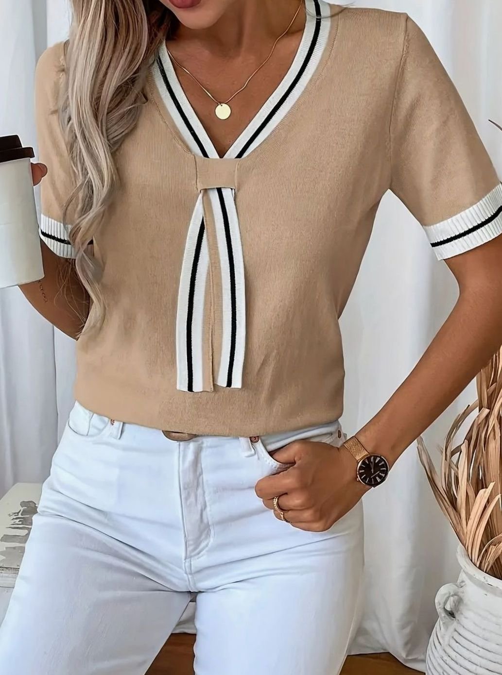 Women's V-Neck Contrast-Trim Tie-Front Short-Sleeve Sweater - Khaki