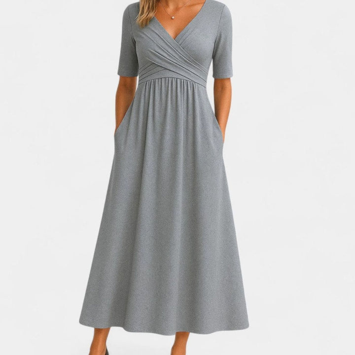 Women's V-Neck Crossover Empire-Waist Midi Dress Pockets - Gray