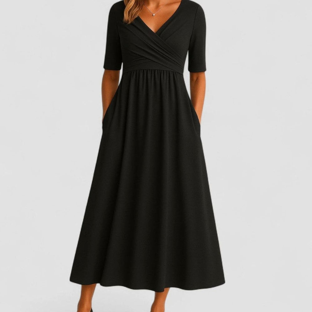 Women's V-Neck Crossover Empire-Waist Midi Dress Pockets - Black